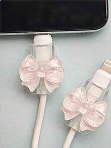 2pcs Pink Bow Universal Lightning (5-14) Type-C Cable Protector - Durable, Shockproof, Fashionable Phone Accessory Design - Plastic Cable Protector With Cute Bow Decoration, Charging Cable Protector - Multicolor - View 1