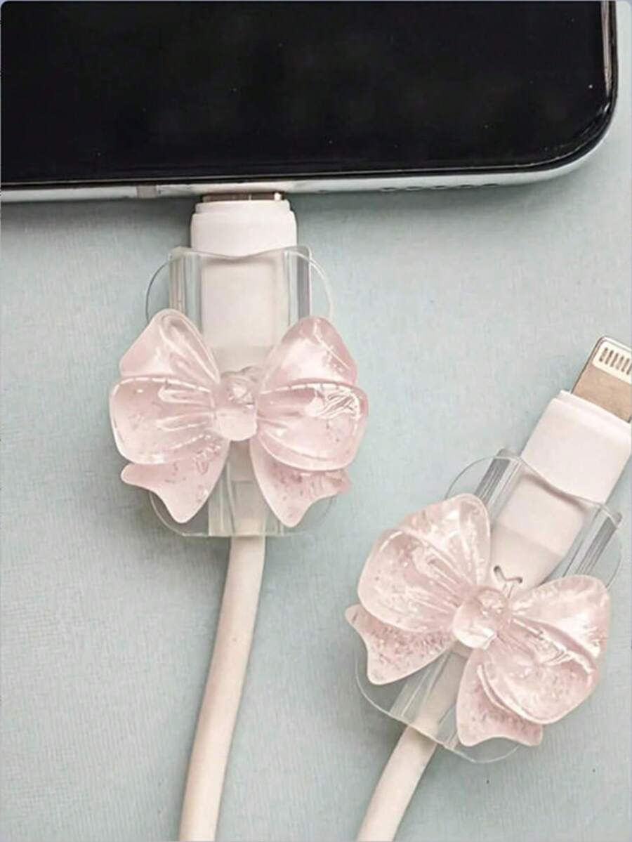 2pcs Pink Bow Universal Lightning (5-14) Type-C Cable Protector - Durable, Shockproof, Fashionable Phone Accessory Design - Plastic Cable Protector With Cute Bow Decoration, Charging Cable Protector - Multicolor - View 1