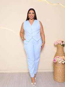 Women's Plus Size Tailored Pants And Vest Set - Elegant - 淺藍色 - 查看 2