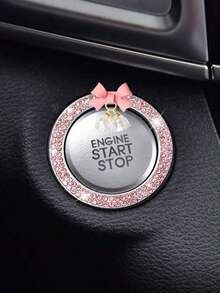 1pc Car One Click Start Decoration Sticker Interior Button Inlaid With Diamond Bow Crystal Bell Pendant Ignition Ring - 粉紅色的 - 查看 4