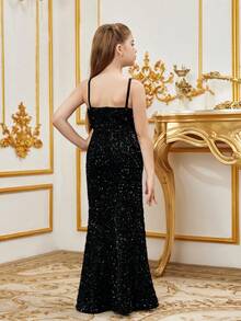 Tween Girl Mermaid Hem Sequin Strap Dress - Black - View 2