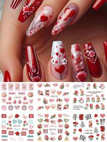 1张12款红色情人节玫瑰水印美甲贴纸，心形花朵礼物设计水转印美甲贴花婚礼美甲用品DIY美甲饰品装饰（无粘性） - 彩色 - 查看 2