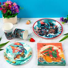 1 Set Pirate Adventure Theme Disposable Plates, Napkins, Cups, Tablecloth And Hanging Flag, Party Supplies Set For 8 Guests, Suitable For Birthday, Wedding, Theme Party, Family Picnic - Multicolor - View 5