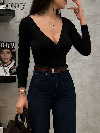 DONICY Women's Solid Color Deep V-Neck Backless Long Sleeve T-Shirt, Basic Top, Deep V Versatile Style, Suitable For Spring/Summer Outings, Dates, Gatherings, Layering, Casual Business, Home & Leisure Wear