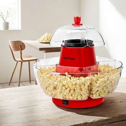 SUSTEAS Popcorn Machine 1200W Power 3-Minute Quick Preparation No Oil Required Electric Corn Snack Puffing Machine Popcorn Machine Automatic Distribution Of 4 Small Bowls Suitable For Parties And Snacks