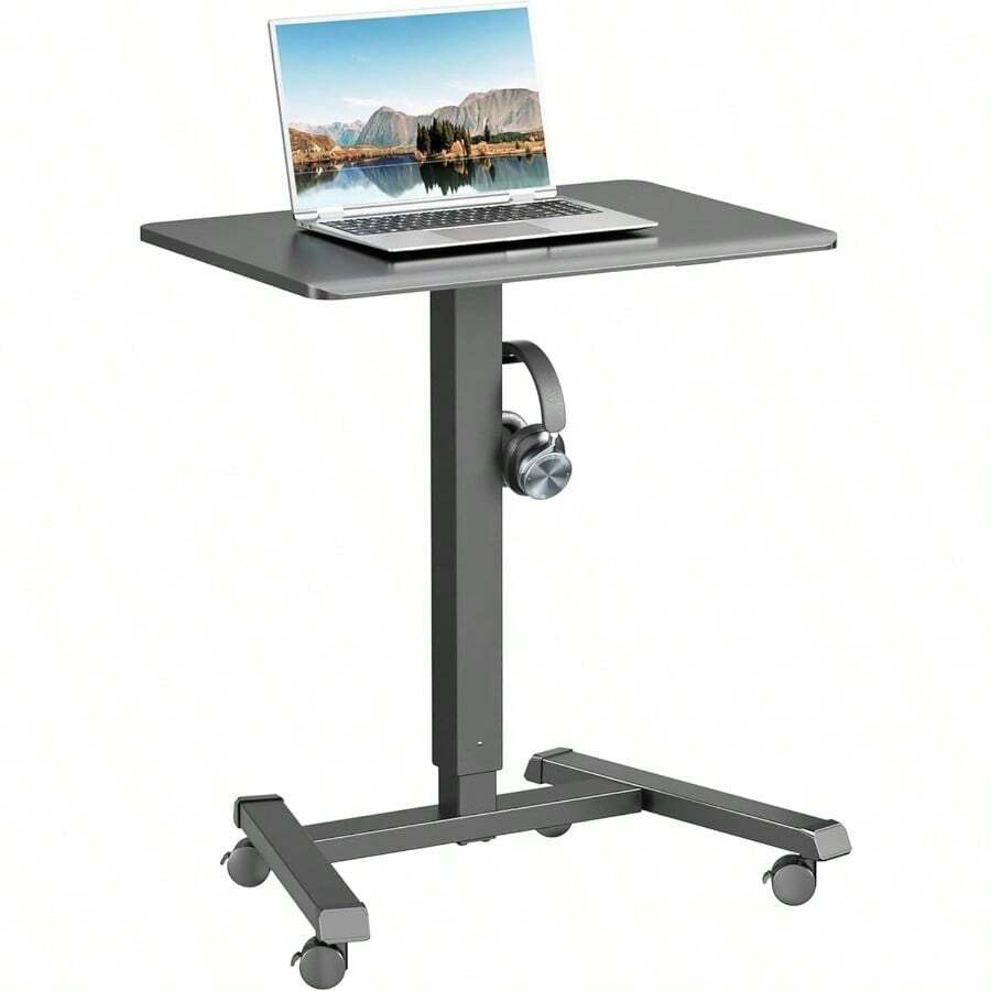 Mobile Standing Desk Pneumatic Adjustable Height 25.6 X 17.7 Inch Mobile Desk Adjustable Height On Wheels Sit Stand Up Desk Home Office Computer Desk Black + Single - Black - View 1