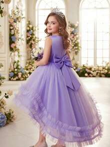 Tween 女童无袖花卉网眼拖尾公主裙、派对节钢琴演奏礼服 - 紫色 - 查看 3