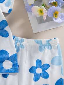 2pcs/Set Girls Casual Cartoon Flower & Letter Print Decorated Short Sleeve Top And Bermuda Shorts, Summer - Blue - View 8