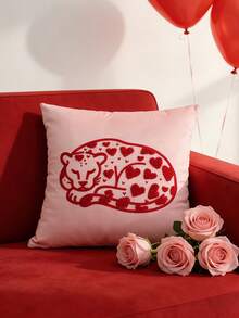 1pc Heart Leopard Decorative Pillow Cover, Soft & Breathable, Embroidered Craftsmanship, Without Pillow Insert, 17.7*17.7 Inches (45*45cm), Suitable For Dorm, Bedroom, Sofa, Bed, Great Gift For Loved Ones - Pink - View 3