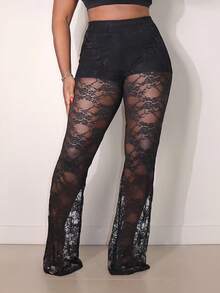 Plus Size Women's Lace Patchwork Sheer Mesh Elastic Pants, Sexy Black Style For Date, Nightclub, Spring/Summer - Black - View 1