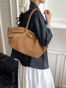 Dedoo 1pc FEISTURE Faux Suede Tote Bag, Large Capacity Solid Color Mature Elegant Women Handbag, Vintage Style Work Bag Suitable For Girls, Ladies, College Students, Office Workers, Newest Fashionable Suede Bag For Women, New Fall Fashion 2025 For Women - Brown - View 9