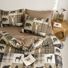 7PCS King Size Rustic Christmas Comforter Set - Cabin Lodge Wildlife Bear Moose Deer Patchwork Bedding - Brown - View 3