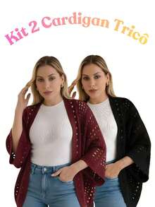 Set Of 2 Women's Cardigan Blouses, Knitted Cape, Openwork Knit, Autumn - Marsala/Black - View 1
