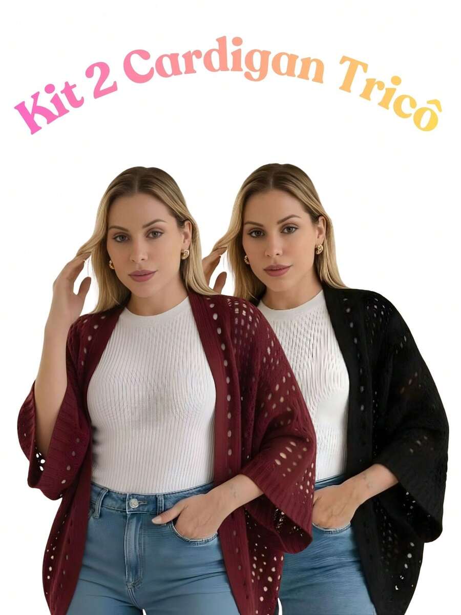 Set Of 2 Women's Cardigan Blouses, Knitted Cape, Openwork Knit, Autumn - Marsala/Black - View 1