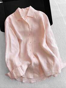 Women's Long-Sleeved Linen Shirt - 淺粉紅色2 - 查看 2