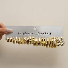 1-40 Pairs Bestselling Fashion Accessories, Gold, Multiple Styles. These Earrings Are Made Of High-Quality Plastic, With Shapes Including C-Shape, Teardrop, Textured, Striped, And Heart. A Set Can Meet All Your Daily Commute Wearing Needs. Mother's Day Fashion Earrings Set For Women - Gold - View 3