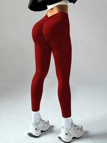 1件装加大码性感健身V腰聚拢露背时尚简约提臀跑步稳定休闲高端基础款显瘦拉长腿蜜桃臀优雅低调奢华经典复古户外运动高弹瑜伽紧身裤 - 适合日常穿着 - 紅色 - 查看 6