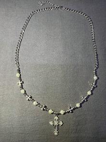 Dây chuyền ngắn với mặt thánh giá cổ điển và hạt charm, phong cách đường phố đơn giản, dành cho cả nam và nữ - Bạc - Xem 8
