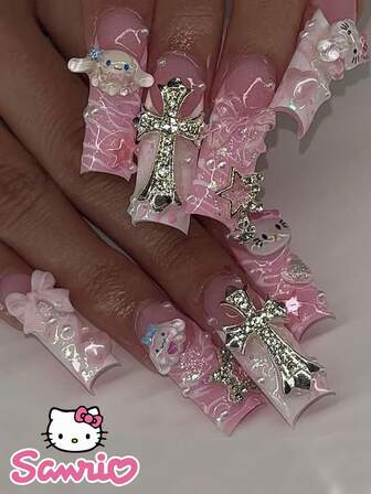  24 Stück lange quadratische Kunstnägel Sanrio Pink French Love Valentinstag Hello Kitty Schmuck Dreidimensionale Pink Schleife Sterne Diamant Liebe Süß Chrom Legierung Acryl Aufklebe Gel Nail Art Nagel Set (Beinhaltet: 1 Stück Gelee Kleber und Feile) Geeignet für Frauen Alltag Dating Party