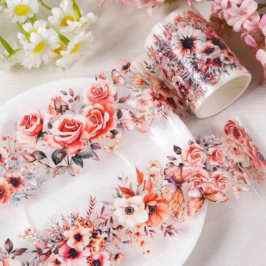 Sunflower PET Tape Journaling - Flower Junk Journal Scrapbooking Supplies, Floral PET Tape Journal Book Crafts Bottle Dcor - Roses - View 1