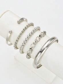 5pcs Fashionable Exaggerated Minimalist Vintage Coin Design Layered Chunky Chain Beaded Bracelet Set, Smooth Bangle Cuff Suitable For Date, Vacation, Daily Wear, Party, Wedding, Birthday Gift For Women - Silver - View 5