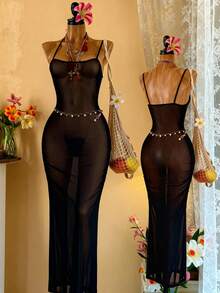 女士性感连衣裙，纯色，薄纱，略微透明，舒适优雅，充满节日气息，适合圣诞之夜和浪漫场合的假日派对礼服。 - 黑色 - 查看 1