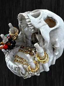 1件哥特式骷髅头首饰展示架 - 树脂多功能收纳架，带戒指、耳环、项链收纳盒 - 暗黑美学装饰，适合首饰爱好者，可作首饰塔或房间装饰 - 淺灰色 - 查看 3