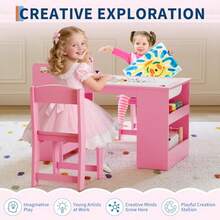 Mesa de arte infantil de 49 pulgadas, mesa grande para manualidades con 2 sillas, computadora de arte multifuncional con estantes de almacenamiento para habitación de los niños, jardín de - Rosa - Ver 5