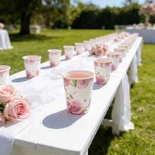 9oz Golden Rose Disposable Paper Cups - Floral Party Cups For 10/25/100 Guests | Birthday Picnic Camping Bridal Shower Gifts - Multicolor - View 2