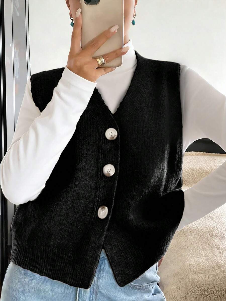 Women's Casual Solid Color V-Neck Long Sleeve Button-Up Knit Vest, Suitable For Spring And Autumn Outfits - Black - View 1