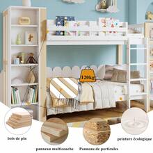 Children's Bunk Bed With Safety Rail And Fall Protection, 4-Step Ladder, 6 Open Shelves, Side Wardrobe, Ample Storage, Pine And Solid Wood, White And Natural, 90 X 200 Cm - Black - View 9