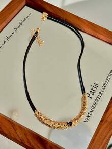 1pc Fashionable Minimalist Retro Exaggerated Multi-Circle Geometric Leather Cord Necklace Choker - Black - View 7