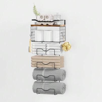 Rack Wall Mounted, 34" Towel Holder 2 Pack Towel Shelf And A Wire Basket, Rolled Or Folded Towel Holder With Floating Shelves For Bathroom Storage, Towel Storage