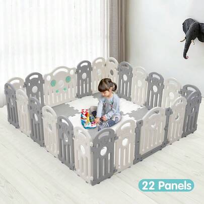 SUN YEE Baby Playpen, 22 Panels Baby Play Pen With Lock Door, Adjustable Shape, Kids Activity Centre Safety Play Yard, Portable Baby Fence Play Area For Indoor Outdoor (Gray + White)