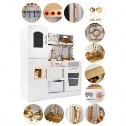 Cocina de Juguete para Niña y Niño de Madera Blanca Horno Estufa Campana y Fregadero Juego Montessori Montable para Niña con Accesorios y Almacenamiento Cocinitas de Juguete para Niñas