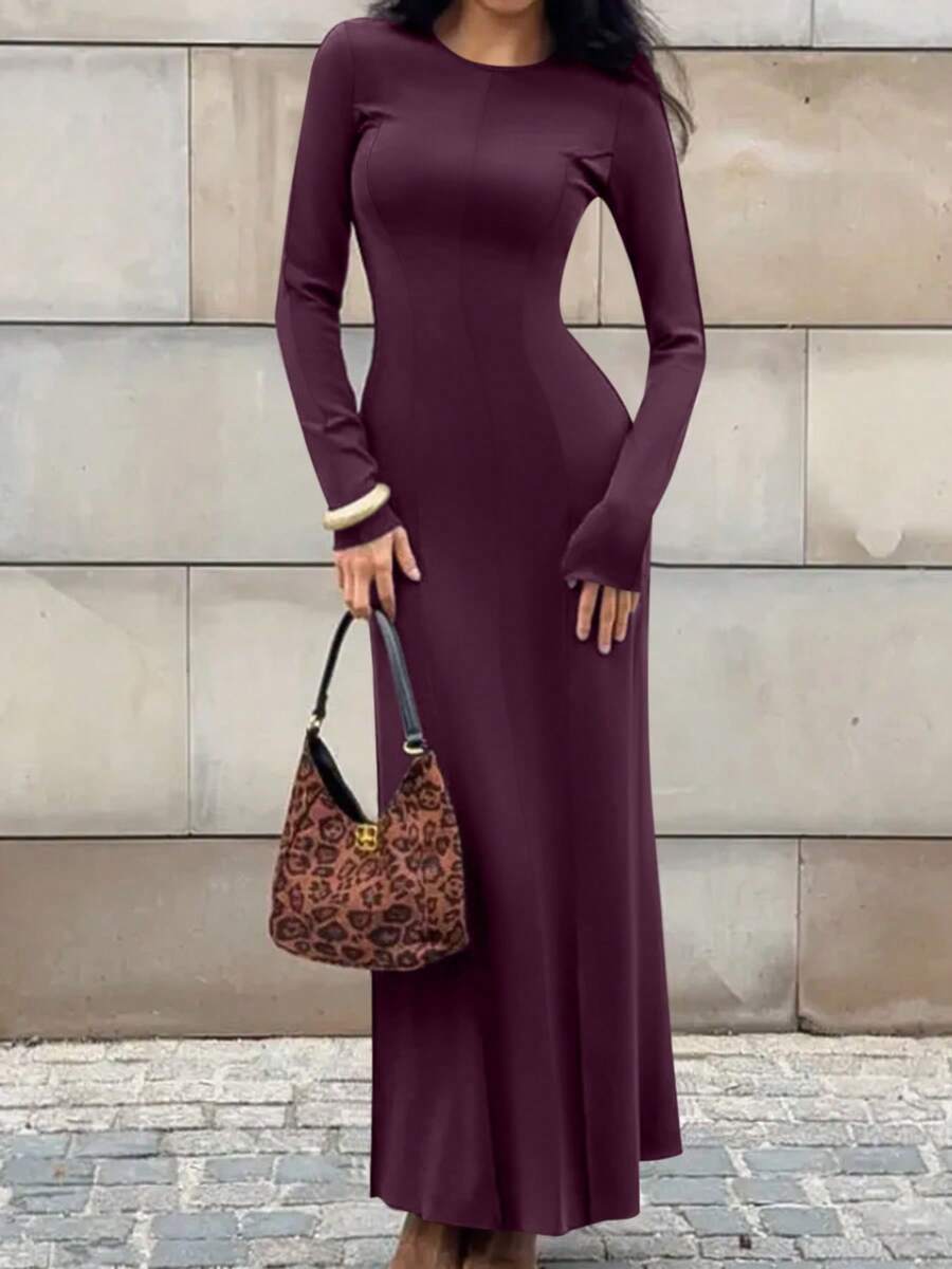Autumn And Winter Round Neck Tight Daily Wear Knitted Dress Daily - Red Violet - View 1