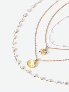 Opalesca 4pcs Fashionable Minimalist Bohemian Shell Flower & Faux Pearl Y-Necklace Set, Versatile For Vacation, Date, Party, Gift, Daily Wear - Yellow Gold - View 4