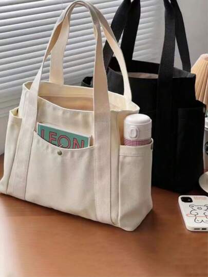 1PC Fashionable Large-Capacity Canvas Tote Bag - Black Style! Zipper Closure + Multi-Side Pocket Design, Durable Shoulder Strap For Super Capacity, College Students' Essential Needs For Carrying Computers And Books Can Be Easily Held.Valentine's Day Gifts, Back-To-School Gifts Prepared In Advance