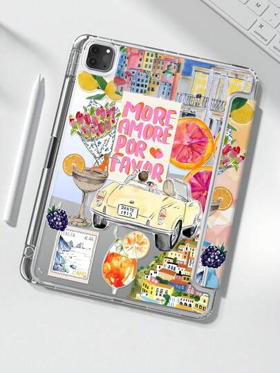 Funda transparente de cristal con diseño de collage con temática de vacaciones italianas, estilo de dibujos animados, fruta, letras y rompecabezas, resistente a golpes, con ranura para lápiz, compatible con iPad de 7a, 8a y 10a generación de 10.2 pulgadas, con función de suspensión/activación y múltiples modos de soporte plegable, una opción ideal para regalos de Año Nuevo 2026, Navidad, cumpleaños de primavera, Pascua y fiestas de celebración