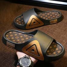 Men's Slippers, Special Printed Design, Soft Durable Non-Slip House Slippers, Suitable For Daily, Casual And Holiday Wear - Black Gold - View 3