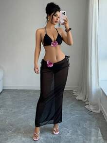 女士性感优雅挂脖比基尼，饰有3D玫瑰花，侧边系带下装，高弹力半透明沙滩装 - 黑色 - 查看 3