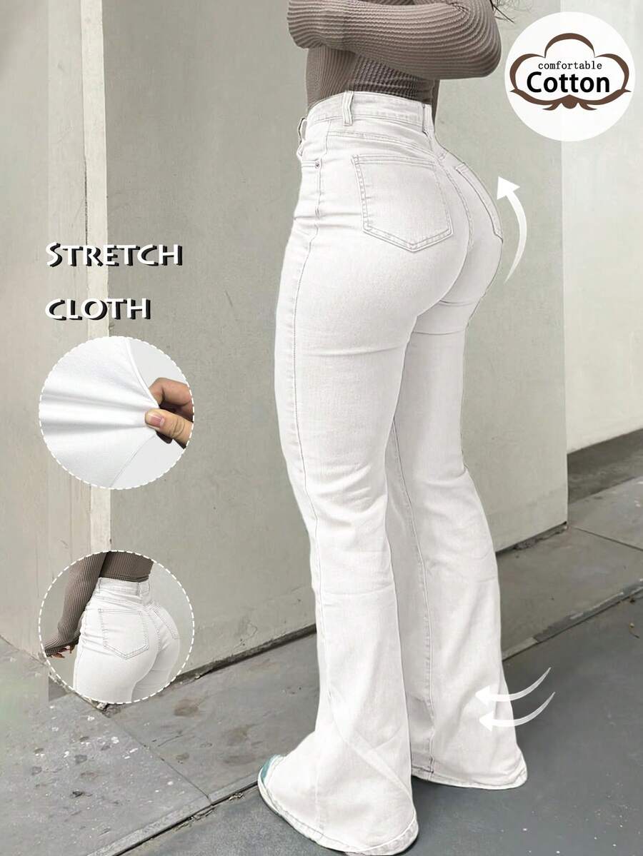 GILIPUR New White Retro Y2K Flare Jeans For Women, High-Waisted Slim Fit Stretchy, Elegant & Fashionable Casual Street Style, Vintage For Winter & Spring, Also An Ideal Gift For Valentine's Day And New Year. Sophisticated Yet Casual Appearance, Perfect For Formal Events, Casual Dinners And Concerts.