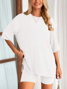 PRETTYGARDEN Women's Summer Clothes 2 Piece Sets Lounge Set Casual Oversized Shirts Biker Shorts Matching Airport Travel Sweatsuit Set Women Vacation Outfit White Summer Brunch Outfits For Women - 白色 - 查看 1