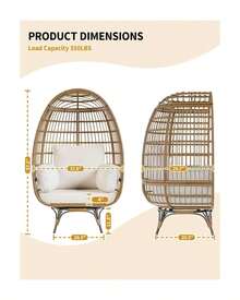 Hodeffior Large 360° Swivel Egg Chair For Outdoor Use – Rattan Egg Lounge Chair With 4 Thick Cushions, Weatherproof PE Rattan Wicker Sofa With A 158.8 Kg Load Capacity, Ideal For Indoor Use, Living Room, Patio & Veranda - 米色 - 查看 3