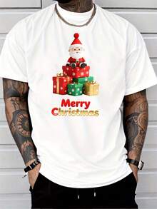 Camiseta de patrón navideño para hombres, diseño de Santa Claus y caja de regalo - patrón de copo de nieve rojo, verde y dorado, cuello redondo transpirable de manga corta, adecuada para adultos y adolescentes, regalo casual de todas las estaciones, camiseta navideña, ropa de temporada - Blanco - Ver 1