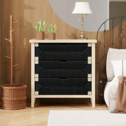 Naturholzrahmen Mit Schwarzem Seildesign 3-Schubladen-Kommode, Boho Nachttisch, Großer Stauraum, Geeignet Für Schlafzimmer, Wohnzimmer Und Flur (80*40*80 Cm)