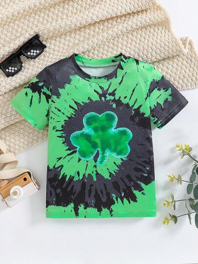 Boys' Cute Clover Print Short Sleeve Round Neck T-Shirt, Young Boy Casual Top For Summer