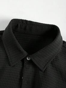 Men's Waffle Textured Single-Breasted Short Sleeve Solid Color Shirt, Spring/Summer - Black - View 6