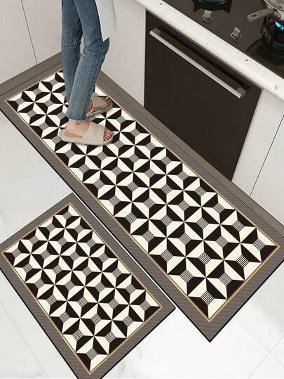 1pc Soft Rubber Kitchen Mat, 3.5mm Thick Kitchen Rug, Modern Luxury Geometric Decorative Art Style Water-Absorbing Kitchen Mat Carpet, Can Be Self-Cut To Fit Kitchen Size, Surface Fabric Material, Middle Sponge Layer, Bottom Rubber Layer, Suitable For Kitchen Rugs, Kitchen Decor, Wedding Decor, Home Decor, Bathroom Mat, Doormat, Laundry Room Mat, Hallway Carpet, Living Room Mat, Etc.