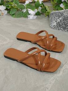Women's Flat Sandals, Red Sandals, Brown Sandals, Shiny, Square Toe Design, Comfortable & Stylish, Suitable For Vacation & Beach, Slip-On Convenience - Brown - View 4